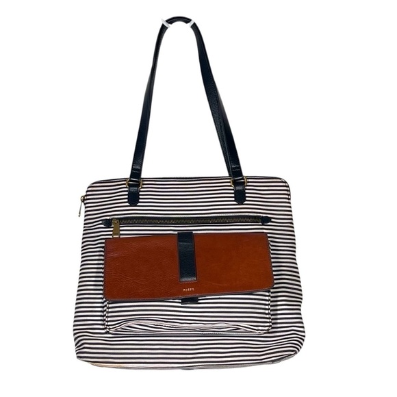 FOSSIL Kinley Shopper Black White Striped Shoulder Bag Tote Purse - Picture 1 of 16
